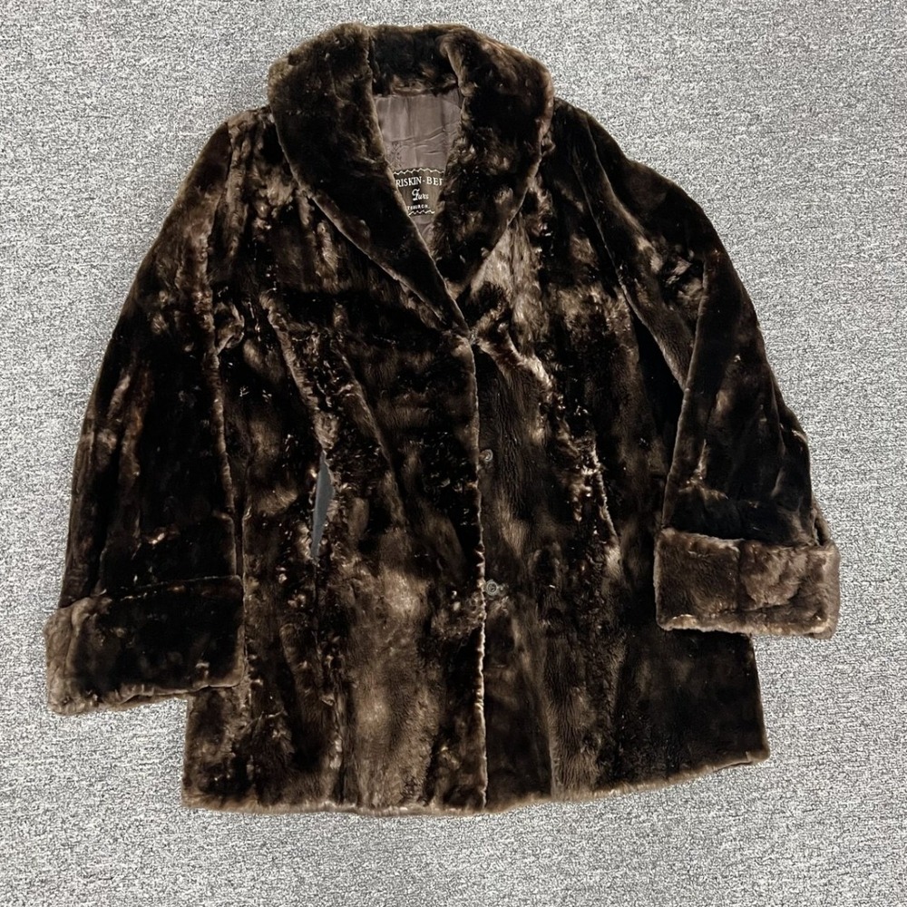 Briskin-Berk Furs Coat Womens M Brown Faux Fur Vintage Shawl Collar Mid-Length